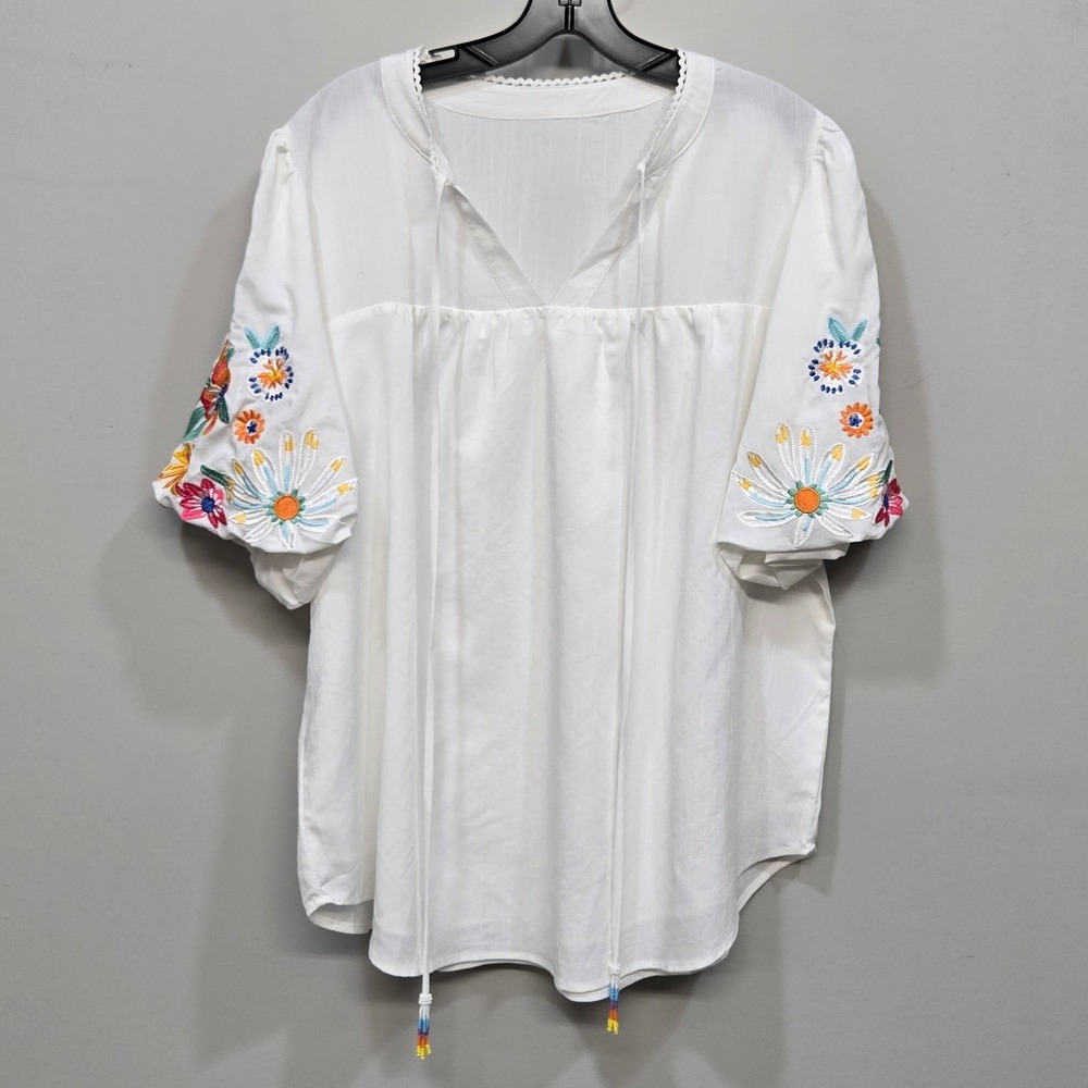 Womens XL Peasant Top Shirt Floral Embroidered Puff Sleeve Romantic Cottagecore